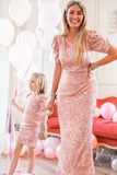 Family Matching British Bubble Sleeve Sequin Buttock Wrapped Parent-child Dress