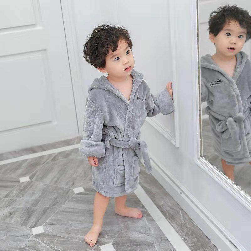 Kid Boys Girls Bathrobe Warm Long Sleeve Hooded Homewear Pajamas