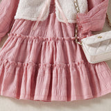 Kids Baby Girl Ruffle Hem Long Sleeve Casual Solid A-line Dress 2 Pcs