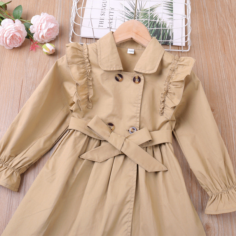 Spring Autumn New Girls Double Breasted Lace Solid Color Coat Outwear