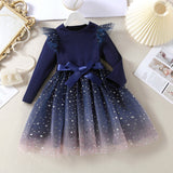 Kid Baby Girls Party Evening Starry Gradient Long Short Sleeve Bubble Dress