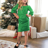 Family Matching Parent-child Long Sleeve Christmas Beaded Glistening Dresses