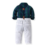 Baby Boy Suit Plaid Halter Overalls Newborn 4 Pcs Sets