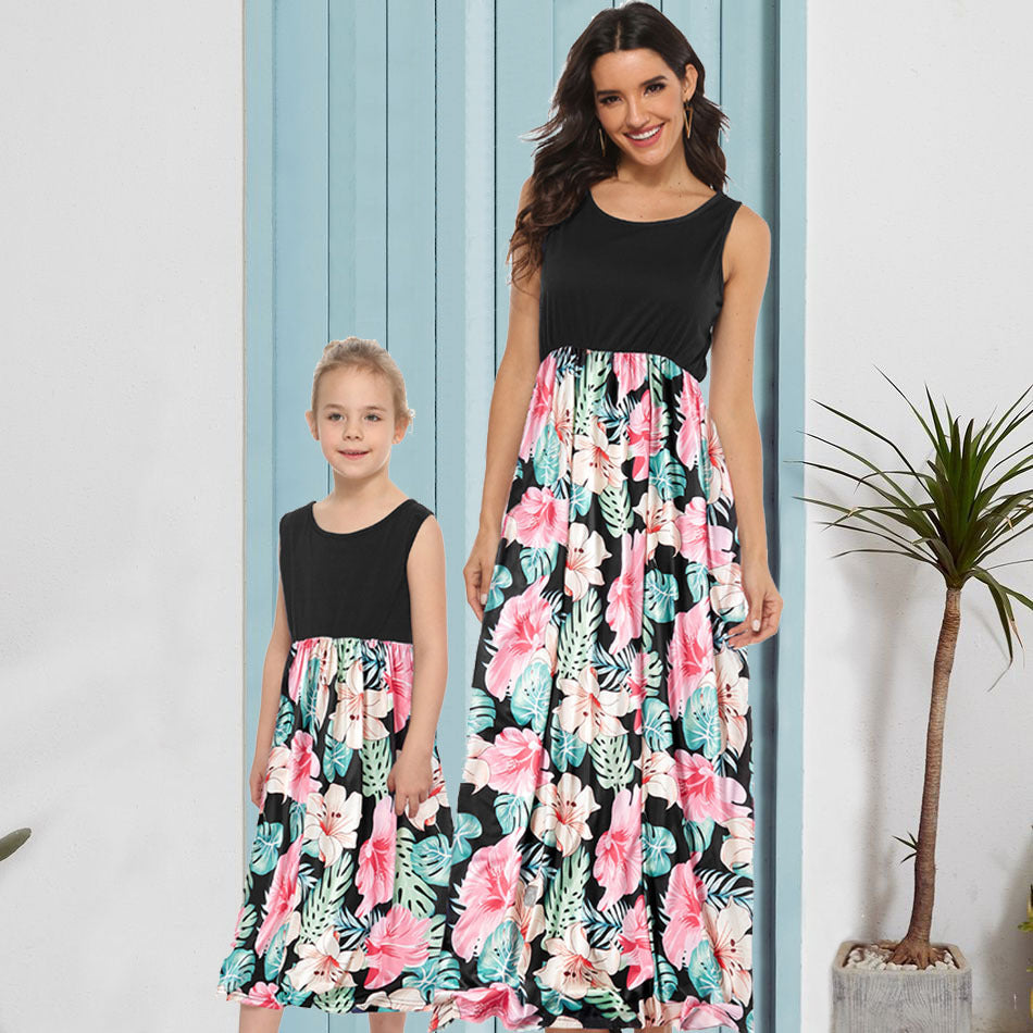 Family Matching Mother-daughter Round Necks Loose Prints Dresses