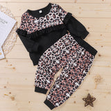 Kid Baby Girl Round Neck Long Sleeve Leopard Spring Autumn 2 Pcs Sets