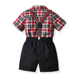 Kid Baby Boy Suit Plaid Short-sleeved Straps Shorts Summer Suits 2 Pcs Sets