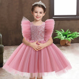 Kid Baby Girl Princess Flying Sleeve Mesh Lace Stitching Bow Dresses