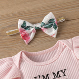 Baby Girl Suit Stripe Long Sleeve Letter Embroidered Flower 3 Pcs Sets