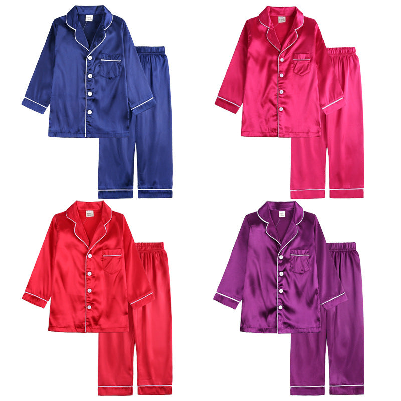 Kid Infant Baby Boy Girl  Silk Satin Long sleeve Solid Button-Down Pajamas