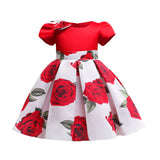 Kid Girl Princess Christmas Satin Bow Short Sleeve Rose Dresses