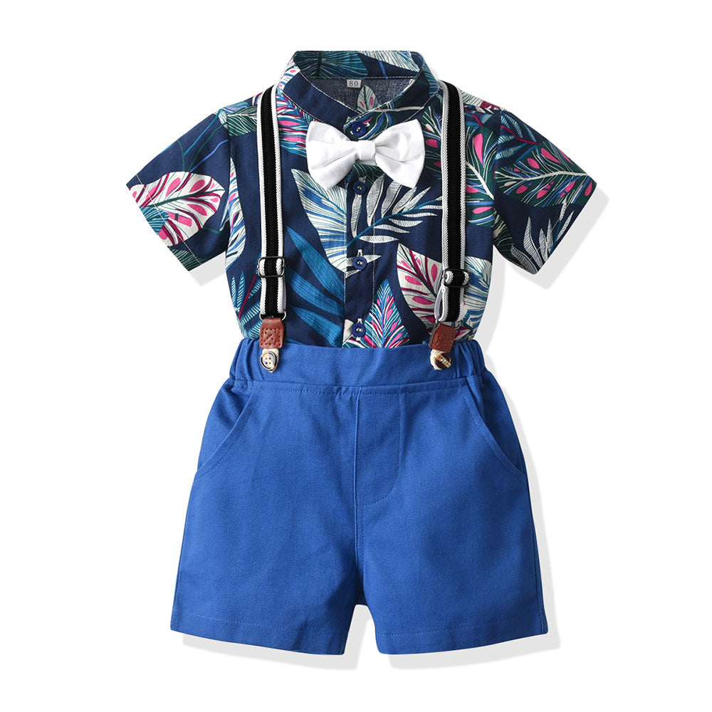 Kid Baby Boys Suit Printed Stand Collar Short Sleeve Summer 2 Pcs Sets