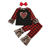 Girls Suit Valentine's Day Leopard Print Plaid Love 3 Pcs Sets