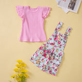Kid Baby Girl Casual Suit Sweet Fly Sleeve Suspender Shorts 2 Pcs Sets