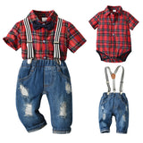 Baby Boys Summer Suit  Short Sleeve Strap Jeans Plaid 3 Pcs Sets