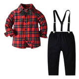 Kid Baby Boy Suit Long Sleeve Red Plaid Suspenders Formal Sets 2 Pcs