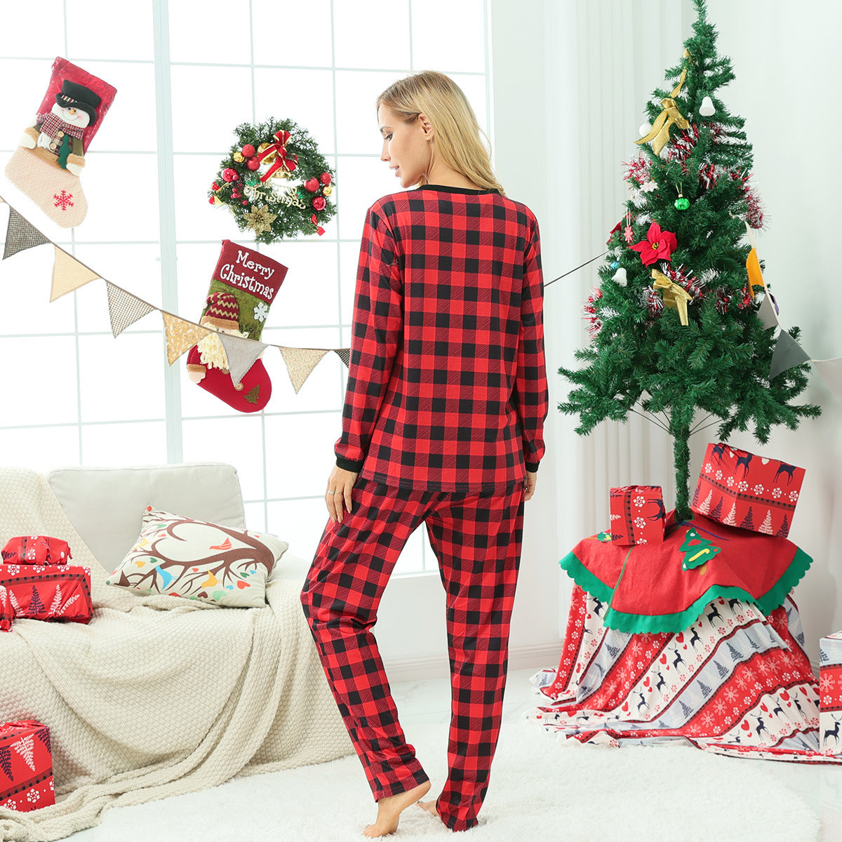Family Matching Christmas Home Red Plaid Long-sleeved Pajamas