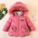 Girls Jacket Thick Keep Warm Detachable  Wool Collar Down Padded Hooded Coat