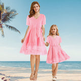 Family Matching Mother-daughter Pink Lovely Irregular Vacation Dresses