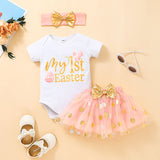 Baby Little Girl Letter Short Sleeved One-piece Suit Polka Dot Mesh Gauze 2 Pcs Sets
