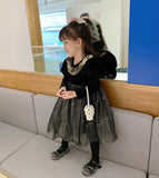 Kid Girl Chic Black Velvet Spring Autumn Casual Dresses