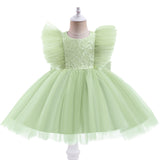 Kid Baby Girl Princess Flying Sleeve Mesh Lace Stitching Bow Dresses