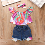 Summer Kid Baby Girls Suit Tie-dyed Ripped Denim Shorts 3pcs