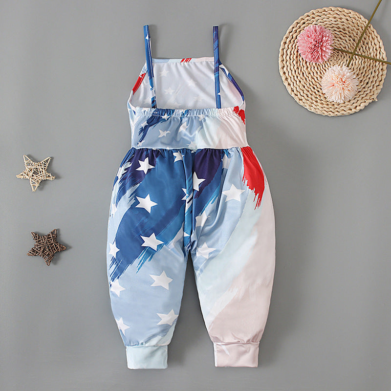 Kid Baby Girl Onesie Crawl Suit  American Flag Halter Pants Trousers