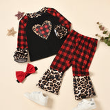 Girls Suit Valentine's Day Leopard Print Plaid Love 3 Pcs Sets