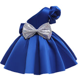 Kid Baby Girl Oblique Shoulder Bubble Sleeve Double Layer Bow Princess Dresses