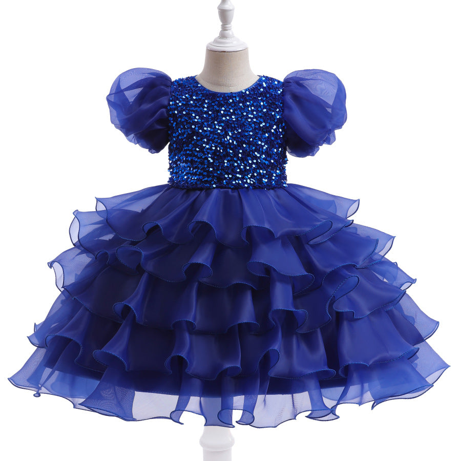 Kid Girl Princess Bubble Sleeve Sequins Pompous Gauze Dresses