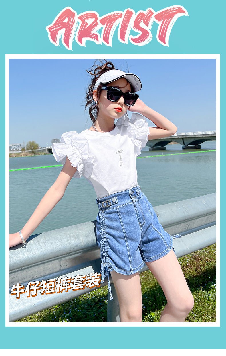 Kid Girl Summer Suits Fashion Jeans Casual  Bud Sleeves 2 Pcs Sets