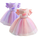 Kid Girls Summer Short Sleeve Pure Cotton Rainbow Mesh Gauze Dresses