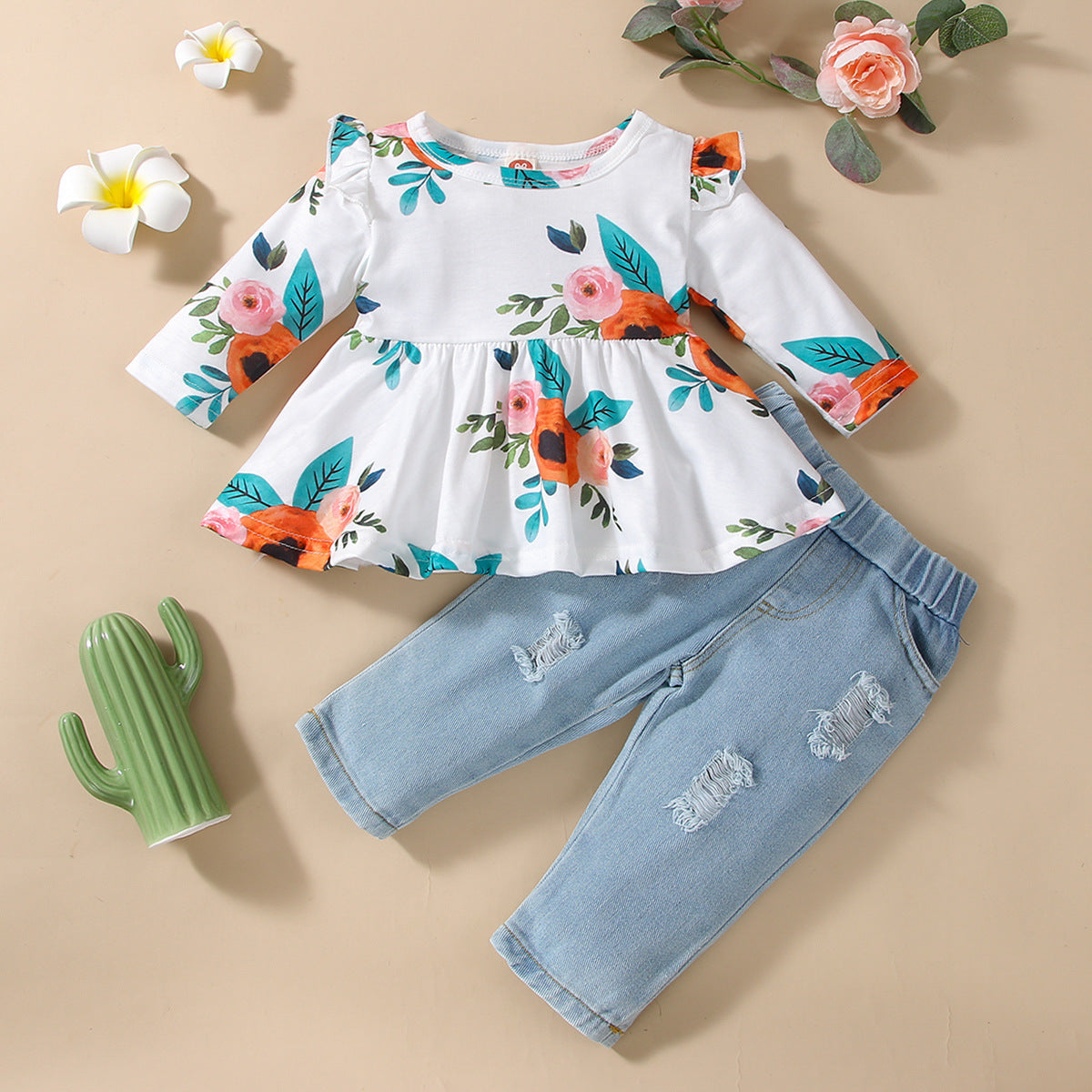 Baby Girl Suit Long Sleeve Floral Denim Fall 2 Pcs Sets