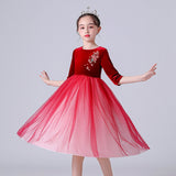 Kid Girls Princess Medium Long Sleeve Mesh Velvet Dresses