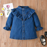 Kid Baby Girl Spring Long-sleeve Flounces Cowboy Denim Shirts Blouse