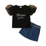 Kid Baby Girl Summer Fashion Mesh Puff Sleeve Letter Denim Sets 2pcs