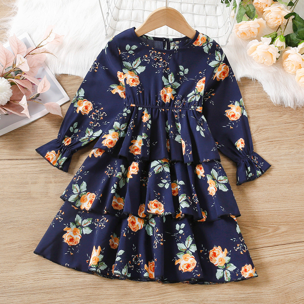 Kid Baby Girl Autumn Rose Print Multi-layer Long-sleeved Flower Dress