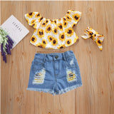 Kid Baby Girls Summer Printed One-shoulder Denim Shorts 2 Pcs Sets