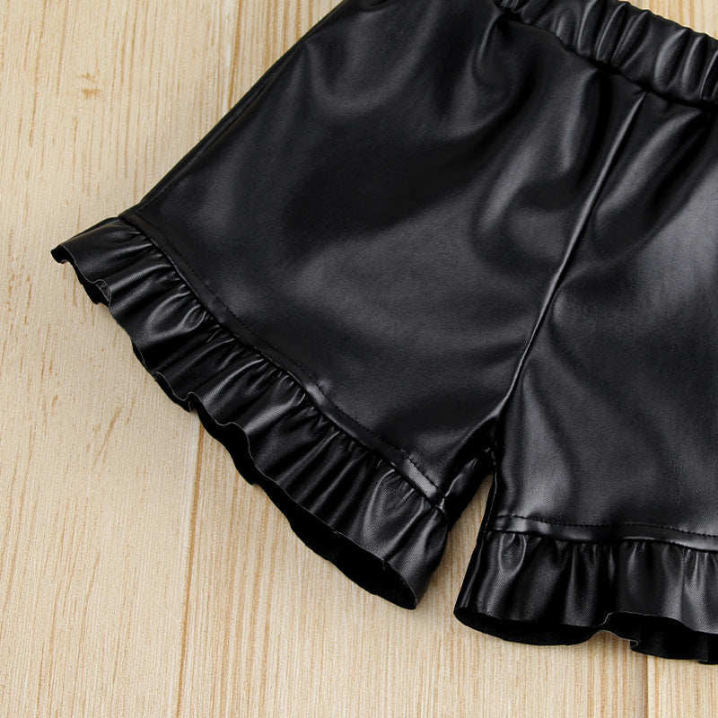 Kid Girls Fashion Leather Show Tall Slim Wide Leg Pants