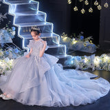 Kid Girl Drag-tailed Show Delicate Pompous Yarn Host Flower Piano Dresses