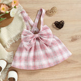 Kid Baby Girls Princess Long Sleeve Bow Plaid Suspender 2 Pcs Sets