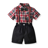 Kid Baby Boys Checked Short-sleeved Straps Set Summer Suits 4 Pcs