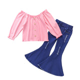 Kid Baby Girls Long Sleeve Jeans Ripped 2 Pcs Sets