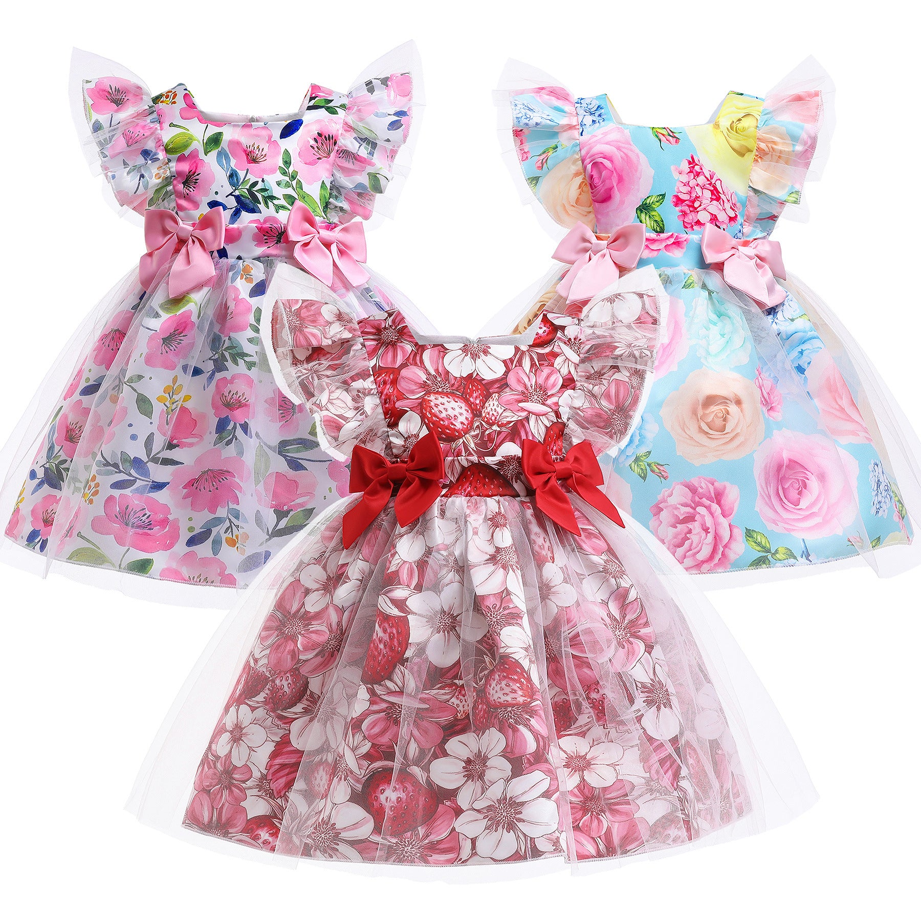 Kid Baby Girls Floral Print Bow Princess Gauze Dress