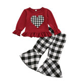 Baby Kid Girl Suit Valentine's Day Plaid Heart Top Bell Bottoms 2 Pcs Sets