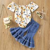 Baby Girls Printed One-collar Top  Denim Double Flared Suit 2 Pcs Sets