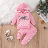 Baby Boy Girl Suit Plaid Hooded Solid Color 2 Pcs Sets