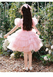 Kid Girl Summer Fairy Pink Puff Bubble Sleeve Princess Dresses