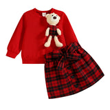 Kid Baby Girl Bear Doll Plaid Short 2 Pcs Sets