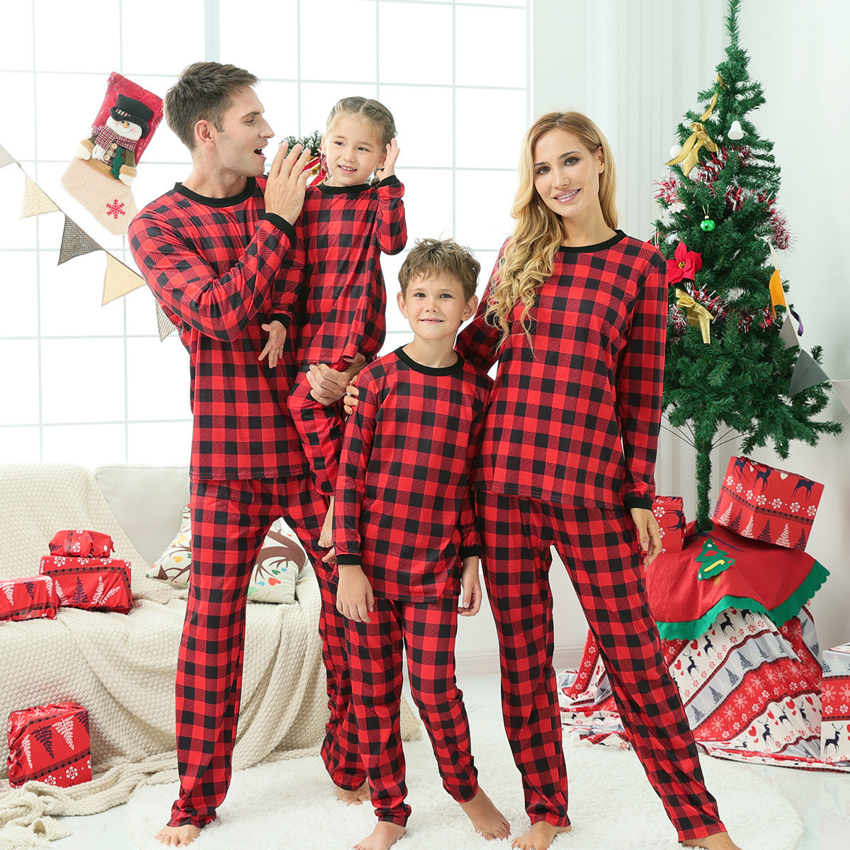 Family Matching Christmas Home Red Plaid Long-sleeved Pajamas